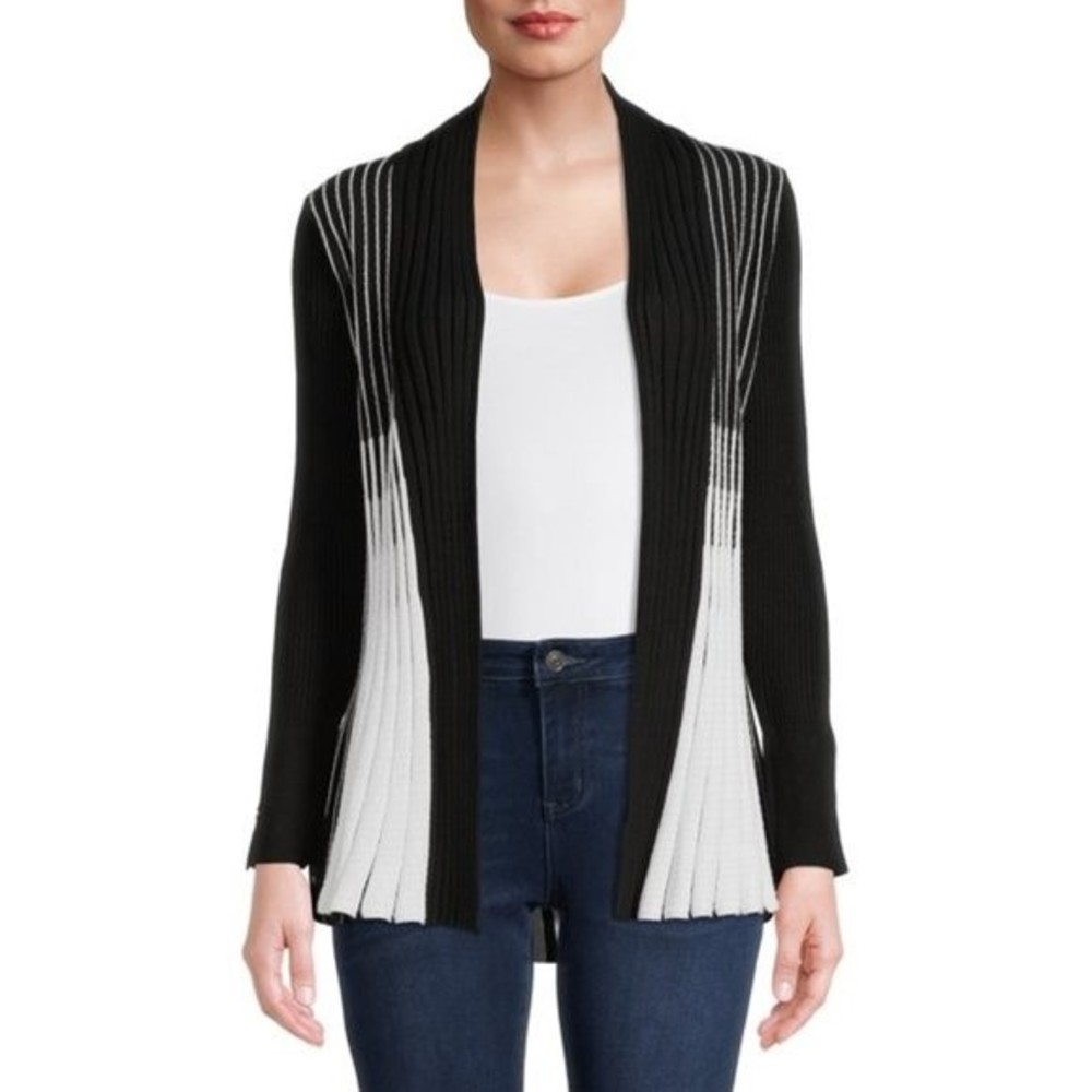 Open Front Cardigan Sweater Black & White Pleated Knit NWT Sz M